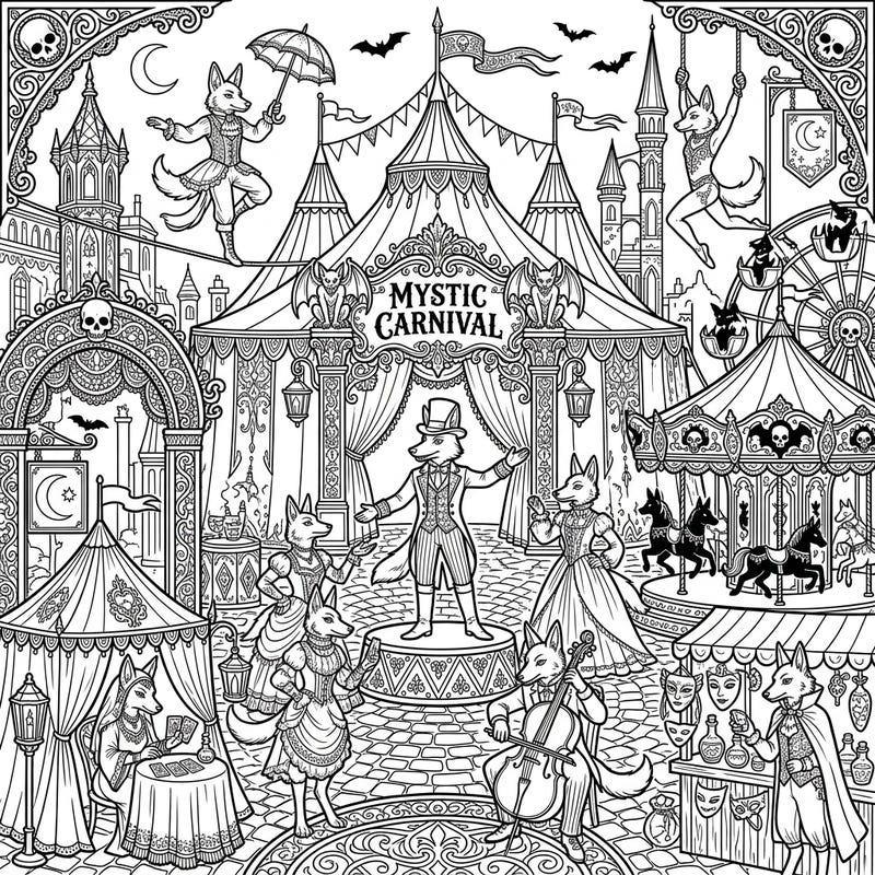 Dive into a world where the festive atmosphere of a carnival meets the elegant mystery of gothic design in this unique coloring page. Watch as clever jackals take center stage, performing enchanting acts amidst ornate tents and spooky fairground attractions.