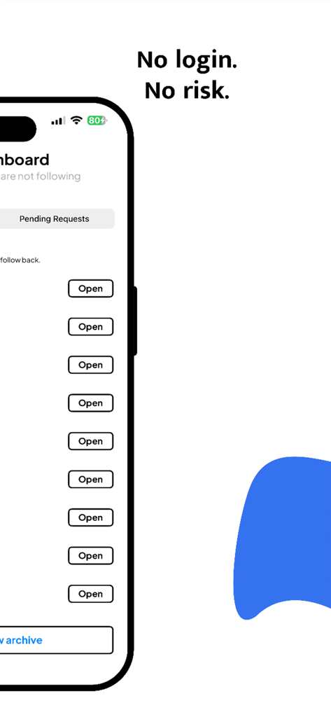 Unfollowers Tracker for IG - Screenshot der Unfollowers Tracker for IG App-Oberfläche, der die Sicherheitsfunktionen ohne Login und ohne Risiko hervorhebt