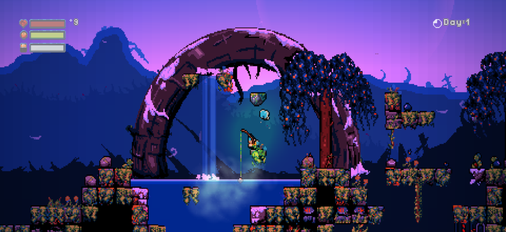 Residual - Um personagem pescando em um lago em um planeta alienígena roxo no jogo de sobrevivência em pixel art Residual.