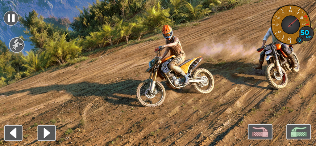 Dos corredores de dirt bike compitiendo por un sendero soleado en el bosque en un juego de supervivencia