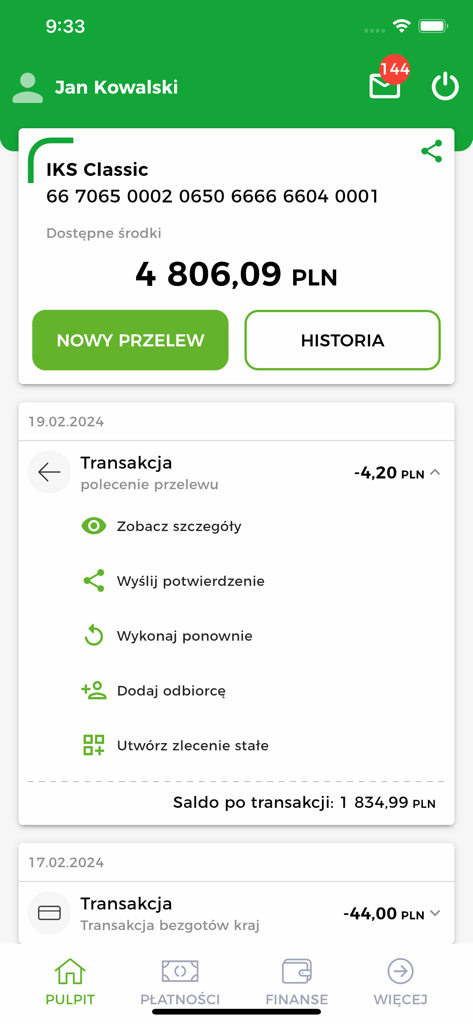 Kasa Stefczyka Online - Kasa Stefczyka Online mobile banking app dashboard showing account balance and history
