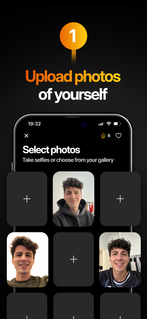 Interface of Dr Headshot app showing the first step to upload selfies for professional AI corporate photos