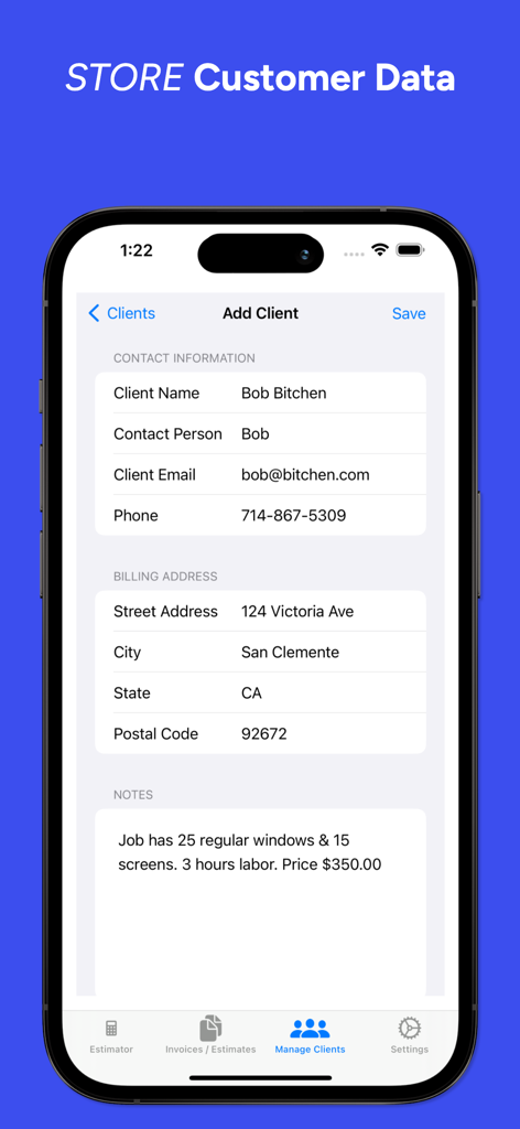 Interface of the Window Cleaning Estimator app showing the screen to add a client with contact information and job notes.