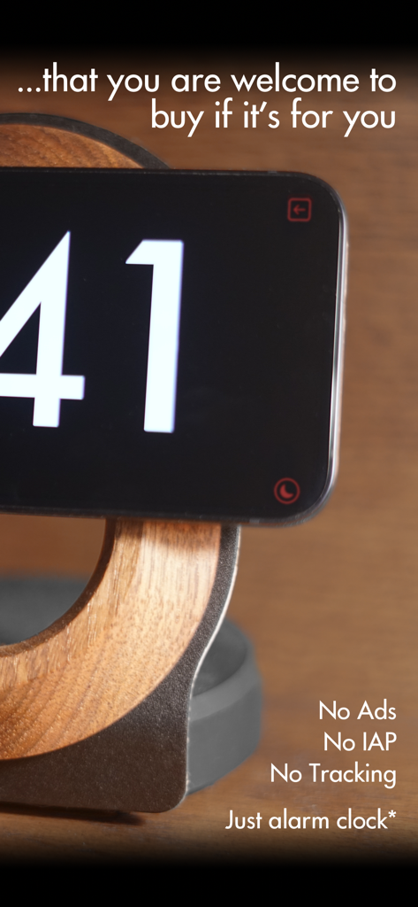 Minimalist Alarum bedside clock interface in landscape mode with high contrast display and privacy features.