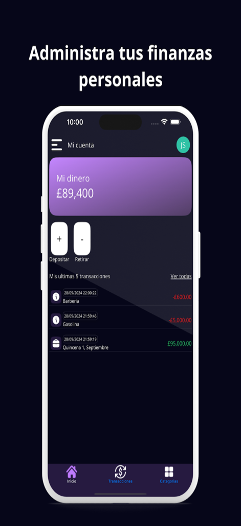 FinanzApp - Finanza Personal - Mobile Benutzeroberfläche von FinanzApp, die den Kontostand und die letzten Transaktionen anzeigt