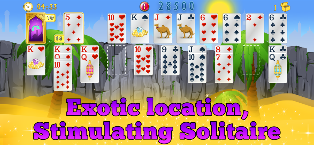 Jugabilidad de Forty Thieves Solitaire Gold con tema de Las Mil y Una Noches y una exótica ubicación desértica.
