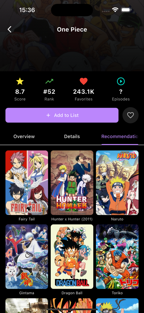 Interfaz de la aplicación Anime Stars mostrando recomendaciones para One Piece en modo oscuro.