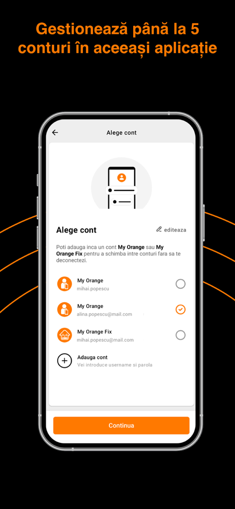 Account selection screen in My Orange Romania app for managing multiple subscriber profiles