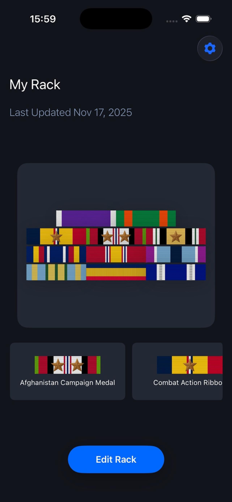 Rack Builder Pro - A digital representation of a military ribbon rack on the Rack Builder Pro app dashboard.