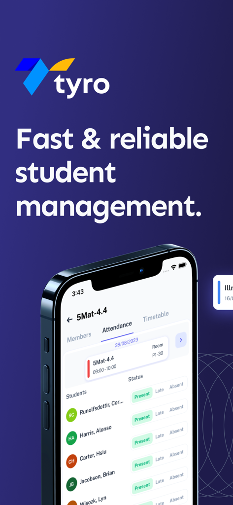 Smartphone screen showing the Tyro School app student attendance management interface