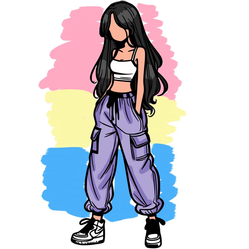 girl in baggy pants crop top and long hair