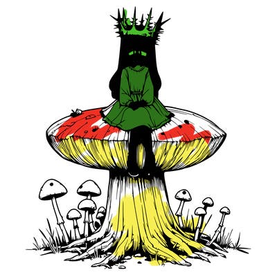 realistic girl sitting on a huge tree stump size toadstool with thorn crown