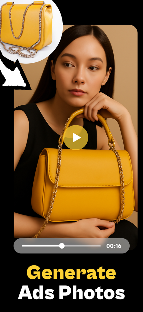 AI UGC Video Ads - Product Ads - L'IA génère une publicité vidéo UGC lifestyle à partir d'une photo produit d'un sac à main jaune