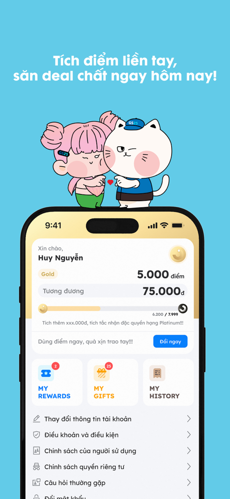 Pantalla móvil de la app GS25 VN mostrando puntos de membresía y categorías de recompensas