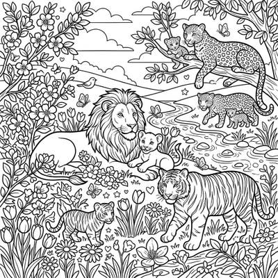 Immerse yourself in the beauty of nature with this enchanting coloring page featuring majestic big cats and their adorable cubs amidst a lush spring landscape. Designed with clear lines and rich details, it offers a relaxing and engaging artistic escape perfect for seniors.