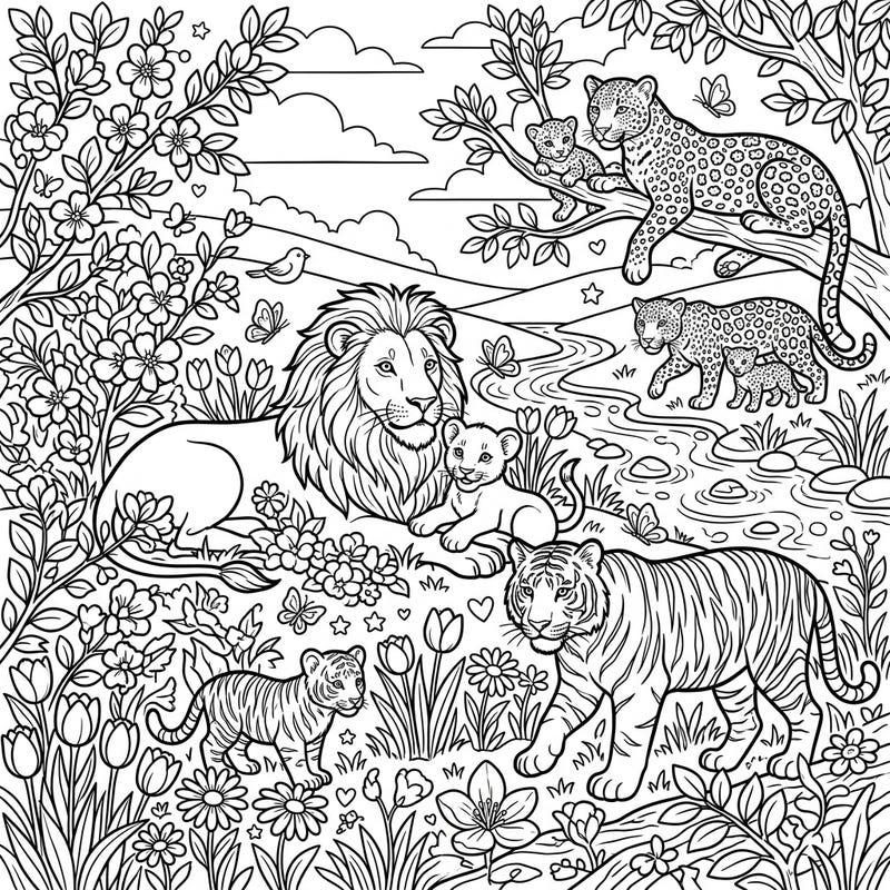 Immerse yourself in the beauty of nature with this enchanting coloring page featuring majestic big cats and their adorable cubs amidst a lush spring landscape. Designed with clear lines and rich details, it offers a relaxing and engaging artistic escape perfect for seniors.