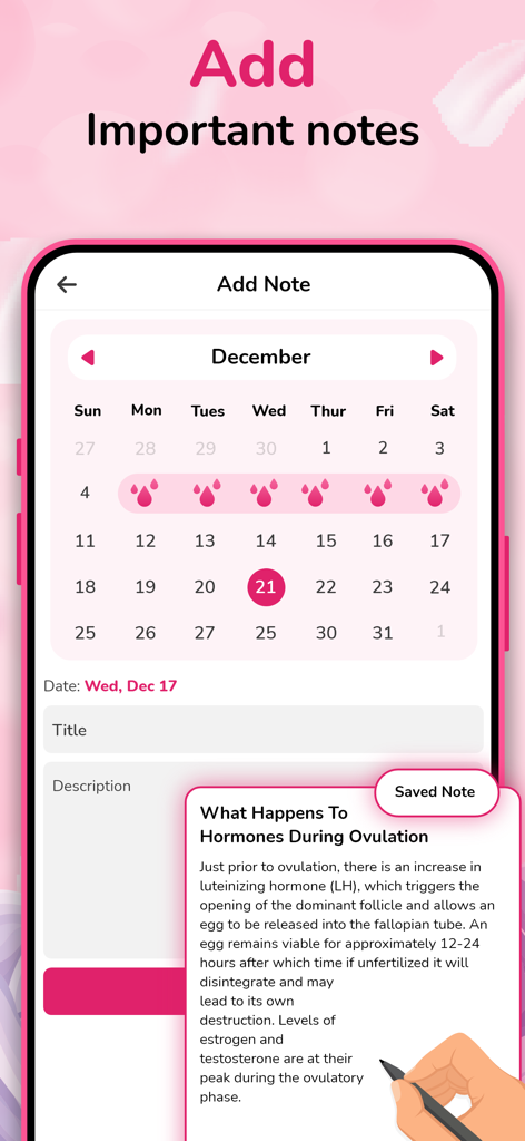 Period & Ovulation Calculator - Interfaz para agregar notas diarias y ver información hormonal dentro del calendario de la calculadora de período y ovulación.