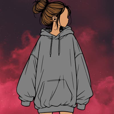 realistic girl with a oversized sweatshirt on and a bun