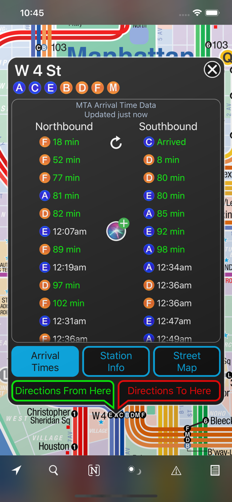 KickMap NYC+ - Real-time subway arrival times for W 4 St station in the KickMap NYC app