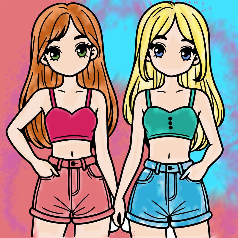 two sisters with crop tops and jean shorts and straight hair