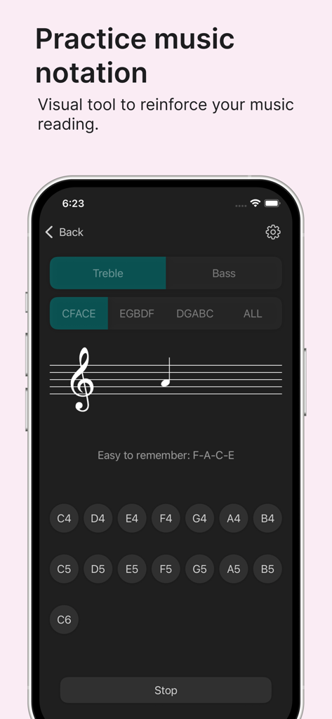 Chord - Music notation practice screen in the Chord app showing a treble clef note exercise