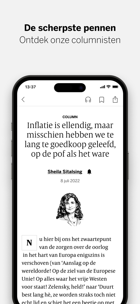 Un écran de smartphone affichant un article de chronique de Sheila Sitalsing dans l'application d'actualités de Volkskrant avec une illustration de l'auteur.