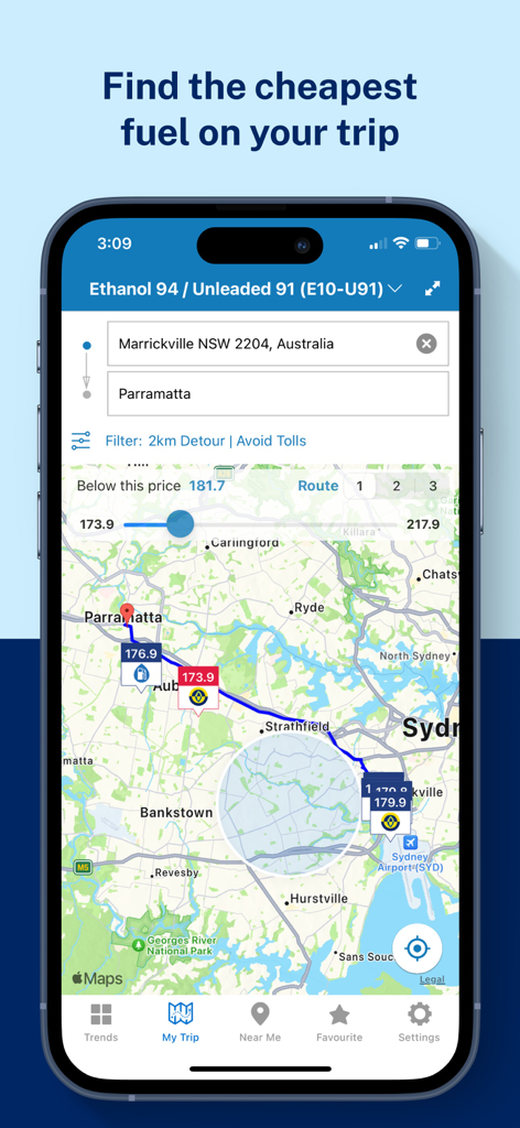 NSW FuelCheck app interface showing fuel prices along a driving route on a map