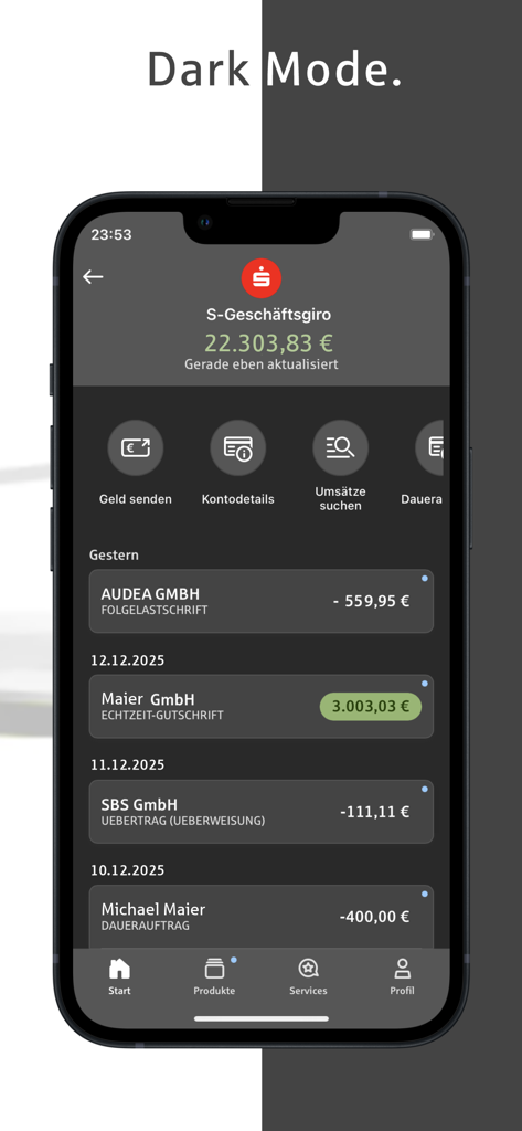 Sparkasse Business - Sparkasse Business mobile banking app displaying account balance and transaction history in dark mode.