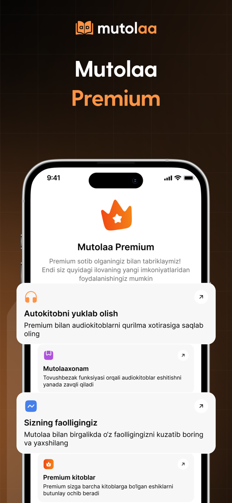 Mutolaa - Mutolaaアプリのスクリーンショット、ウズベク語でのオーディオブックのダウンロードやアクティビティ追跡などのプレミアム機能を表示
