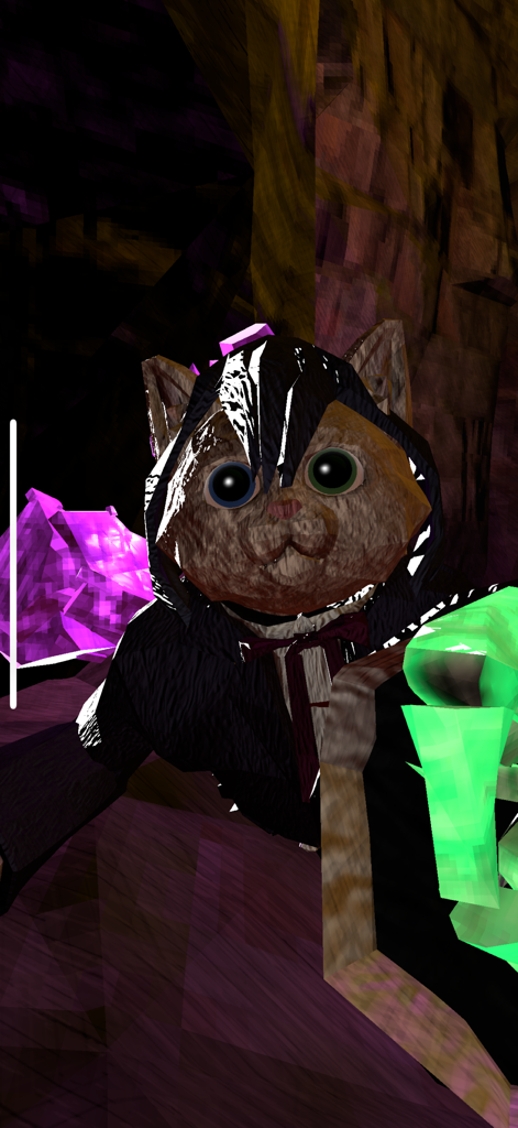 A close-up shot of a cat character wearing a black hooded cloak in a virtual environment with glowing crystals