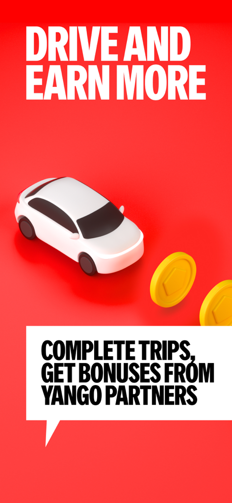 Yango Pro (Taximeter) - driver - Yango Pro Werbebildschirm für Fahrer mit einem Auto und Bonusmünzen mit dem Text Fahren und mehr verdienen
