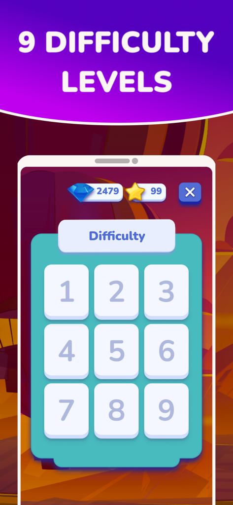 Interface of the Learn English with Momo app showing nine selectable difficulty levels on a mobile screen