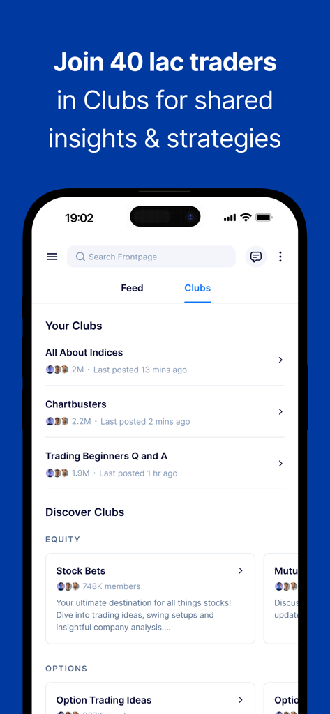 FrontPage - FrontPage app screen showing various trading and investment clubs for community insights.