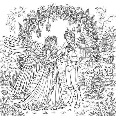 Step into a whimsical world with this enchanting fantasy wedding coloring page, where mythical lovers unite under a rustic floral arch. Discover a charming cottagecore setting, complete with magical creatures and delicate natural beauty, awaiting your vibrant artistic touch.