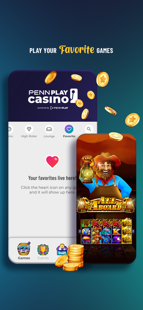 PENN Play Casino jackpot slots - Pantalla de favoritos de la aplicación PENN Play Casino con el juego de tragamonedas All Aboard