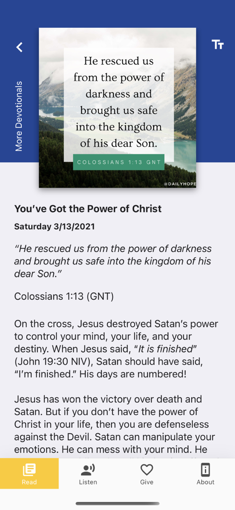 Daily Hope - Daily devotional reading interface in the Daily Hope app by Rick Warren