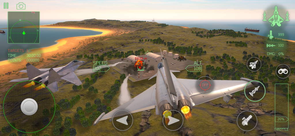 Gameplay screenshot of a fighter jet performing an air strike on an island base.