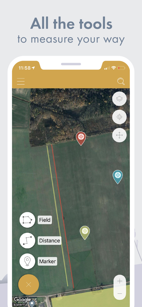 Smartphone screen displaying a satellite map with tools for measuring fields distance and placing markers