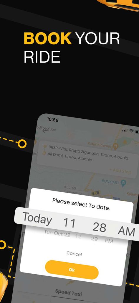 Speed Taxi Albania - Speed Taxi Albania mobile app interface showing the ride booking screen with a date and time picker over a map of Tirana