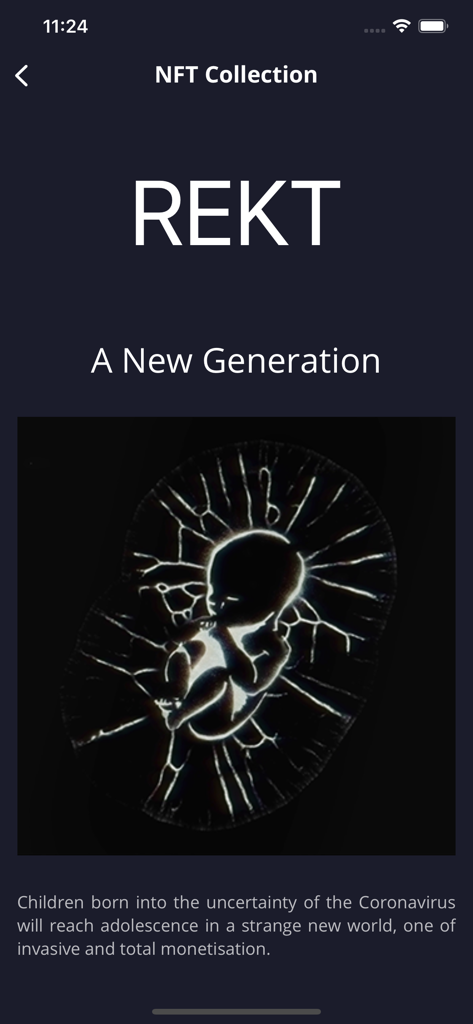 Pantalla de la aplicación Berty Labs que muestra una colección NFT descentralizada con arte REKT