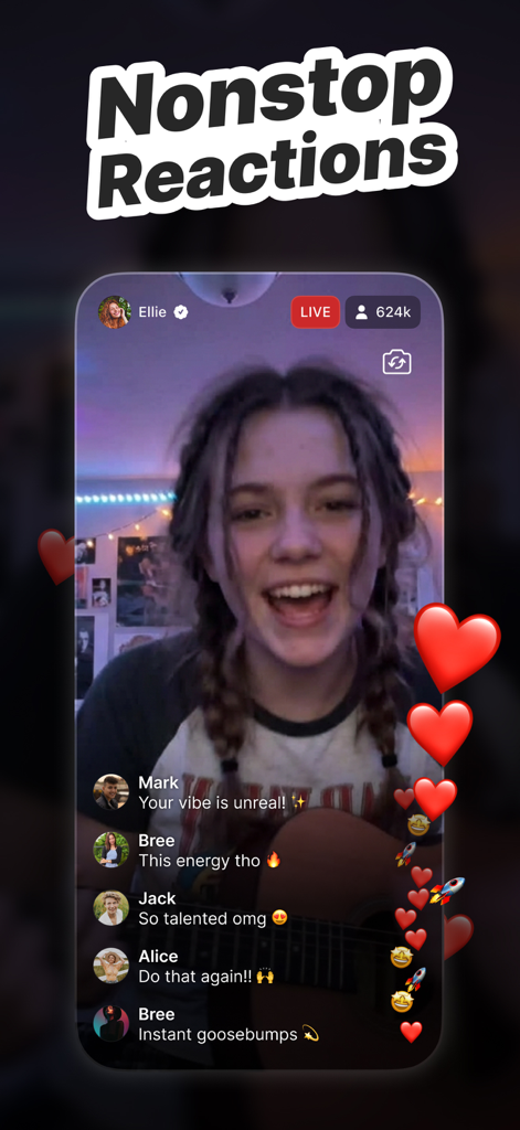 Uma garota tocando violão durante uma transmissão ao vivo simulada de IA com comentários rolando e emojis de coração