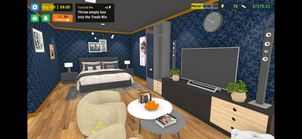 City Hotel Simulator - Eine dekorierte luxuriöse Hotelsuite mit blauer Damasttapete und modernen Möbeln in City Hotel Simulator