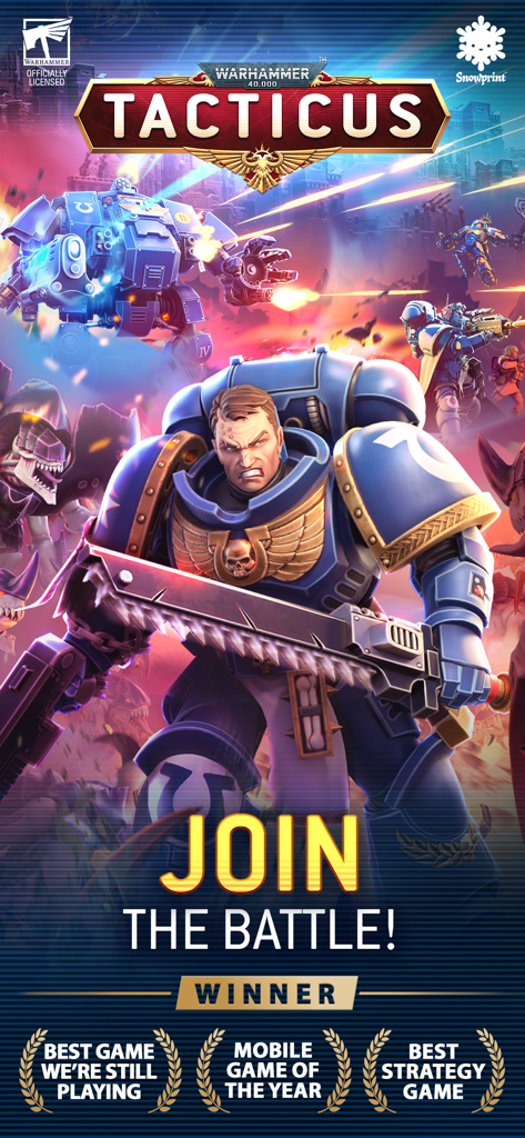 Immagine promozionale di Warhammer 40.000 Tacticus con uno Space Marine con spada motosega e distintivi di premio