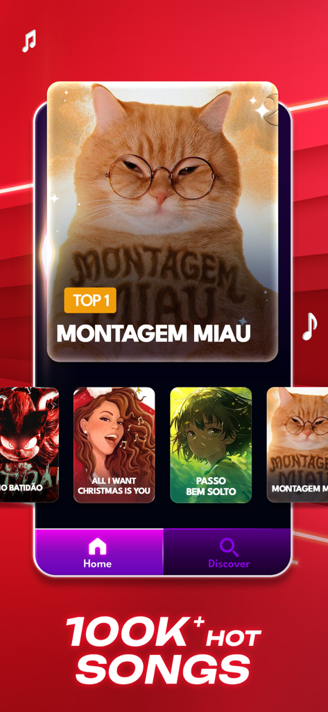 Piano 7: Tiles Music Games - Interface du jeu de musique Piano 7 montrant une bibliothèque de chansons populaires incluant des mèmes viraux et des hits pop.