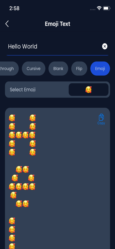 Stylish Text Generator App - Stylish Text Generator App interface showing the Emoji Text feature where letters are created using emojis