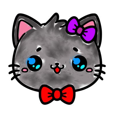 kawaii cat with a bow tie hanging from his ear