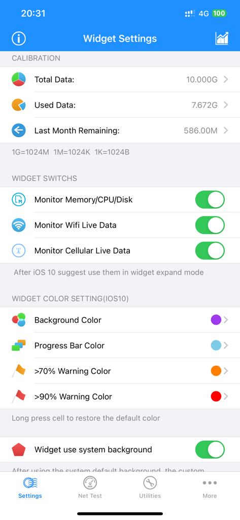 Pantalla de configuración del widget en la aplicación My Data Usage Widget Pro mostrando la calibración de datos y las opciones de personalización.