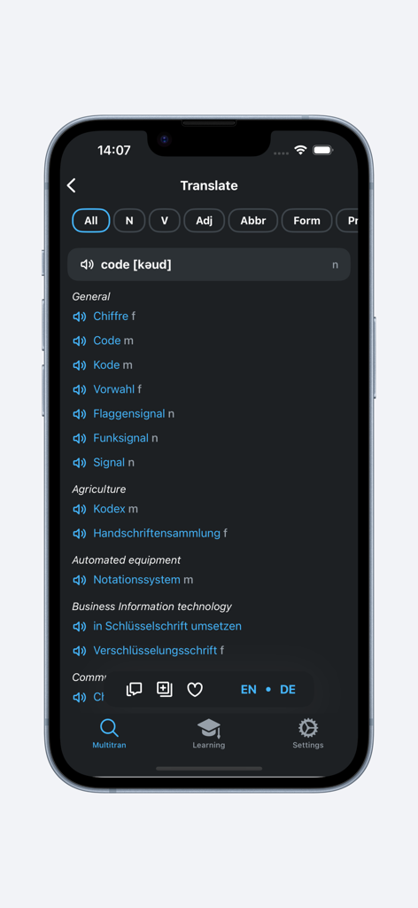 Multitran app showing English to German translation for the word code categorized by technical and professional subject areas