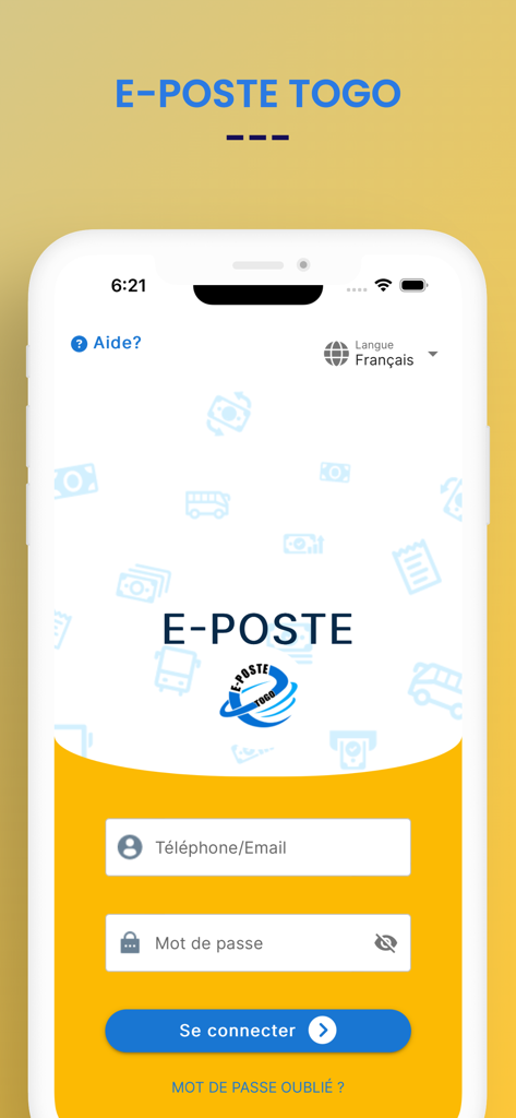 E-POSTE - E-POSTE Togo mobile app login screen featuring fields for email or phone and password with a sign in button