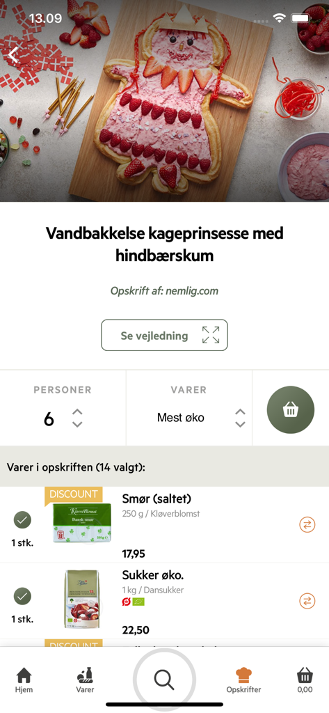 nemlig - Mobile app screen showing a cake princess recipe with a list of grocery ingredients to add to the cart